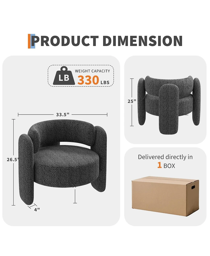 homfan Set of 2 Modern Chenille Armchairs for Living Room, Mid-Century Upholstered Barrel Chairs, Rounded Corners, Extra Large Single Sofa
