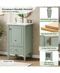 Sillysis 20 Inch Retro Bathroom Vanity with Ceramic Sink, Solid Wood Legs, Soft Close Door and Bottom Drawer Storage