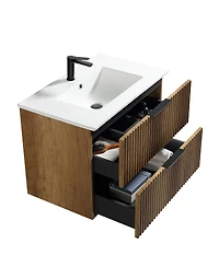 Sillysis Wall Mounted Bathroom Vanity with 3D Fluted Drawer, Integrated Ceramic Sink