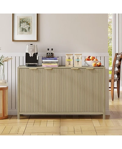 homfan 55 Inch Modern Fluted Wooden Credenza, 4-Door Sideboard Buffet with Adjustable Shelf, Multi-Purpose for Home Daily Use