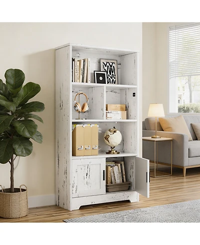 homfan Modern Farmhouse Led Bookshelf, 3-Tier Storage Cabinet with Dimmable Light, High-Density Mdf Anti-Tip Easy-Assembly Home Display Shelf