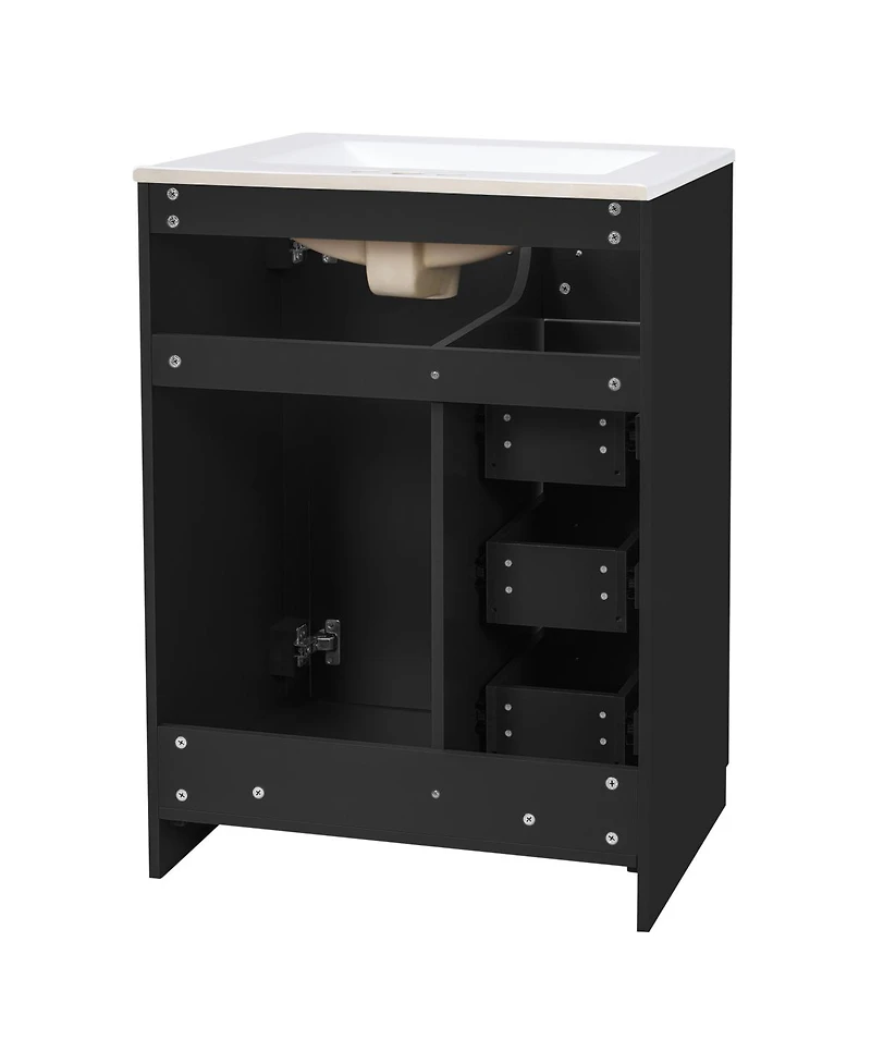 Sillysis 24 Inch Modern Bathroom Vanity with Sink, Solid Wood Mdf Cabinet, 3 Soft Close Drawers, Space-Saving Storage