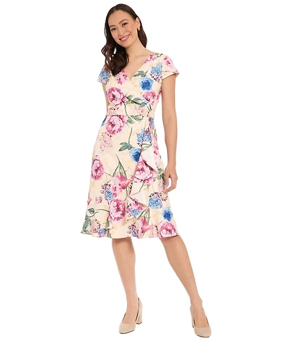 London Times Petite Printed Ruffle Detail Dress