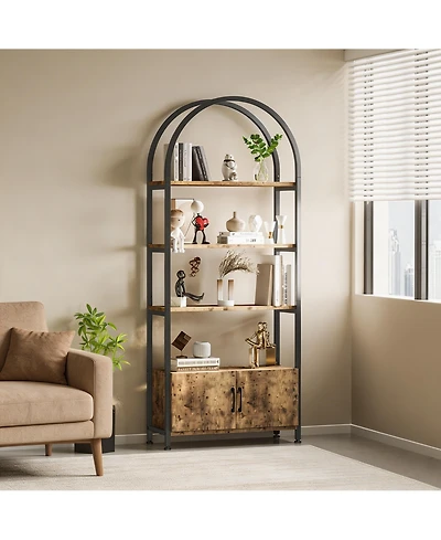 homfan 4-Tier Arched Bookshelf with Closed Doors, Thick Board Metal Frame Tall Storage Cabinet with Non-Slip Feet