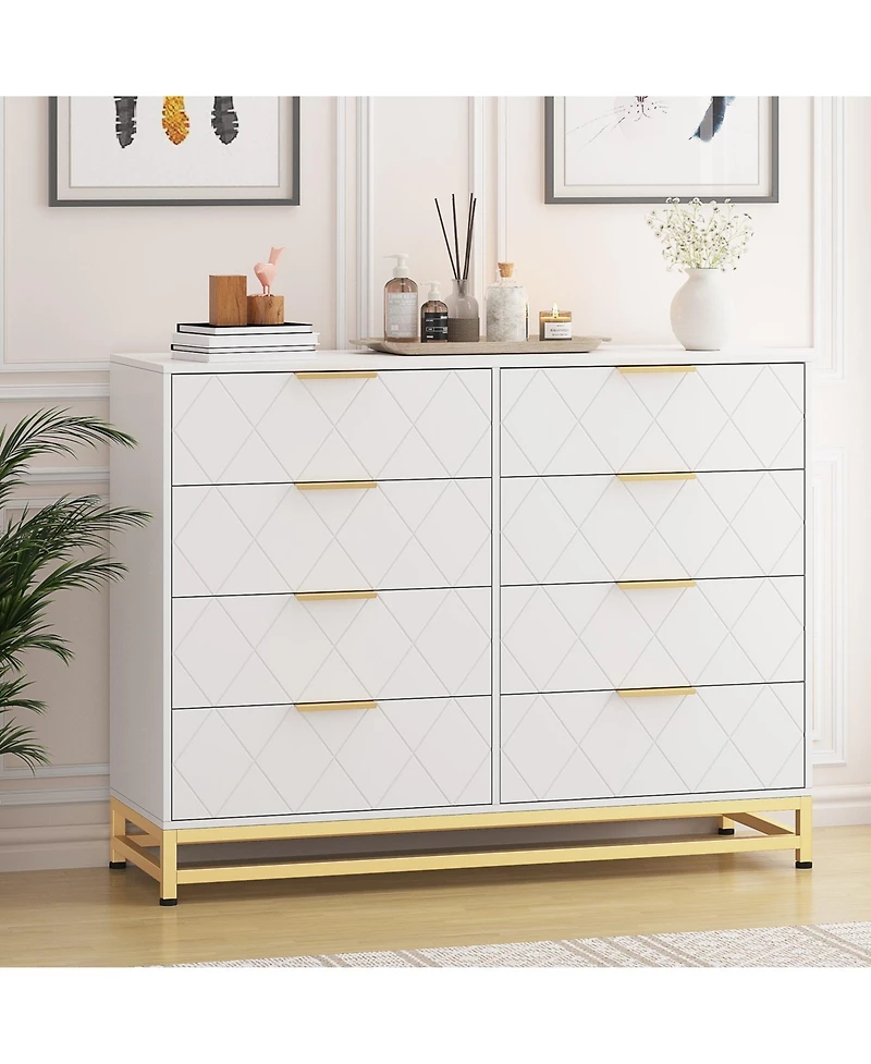 homfan 8-Drawer Wooden Dresser with Metal Handles, Modern Bedroom Dresser with Deep Drawers, Wood Chest, Anti-Tip Safety for Bedroom, Hallway