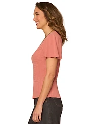 Democracy Petite Flounce Crochet Round Neck Sweater