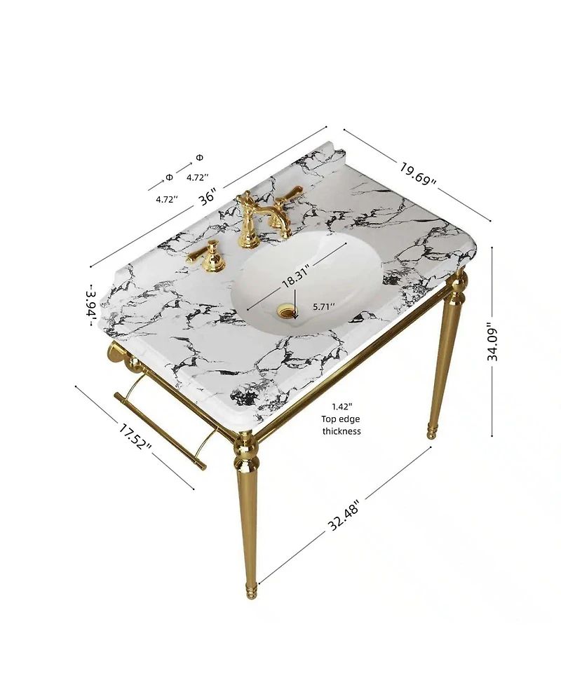 Sillysis Inch Bathroom Console Sink with Engineered Marble Top, Ceramic Basin, Stainless Steel Frame, Retro Style