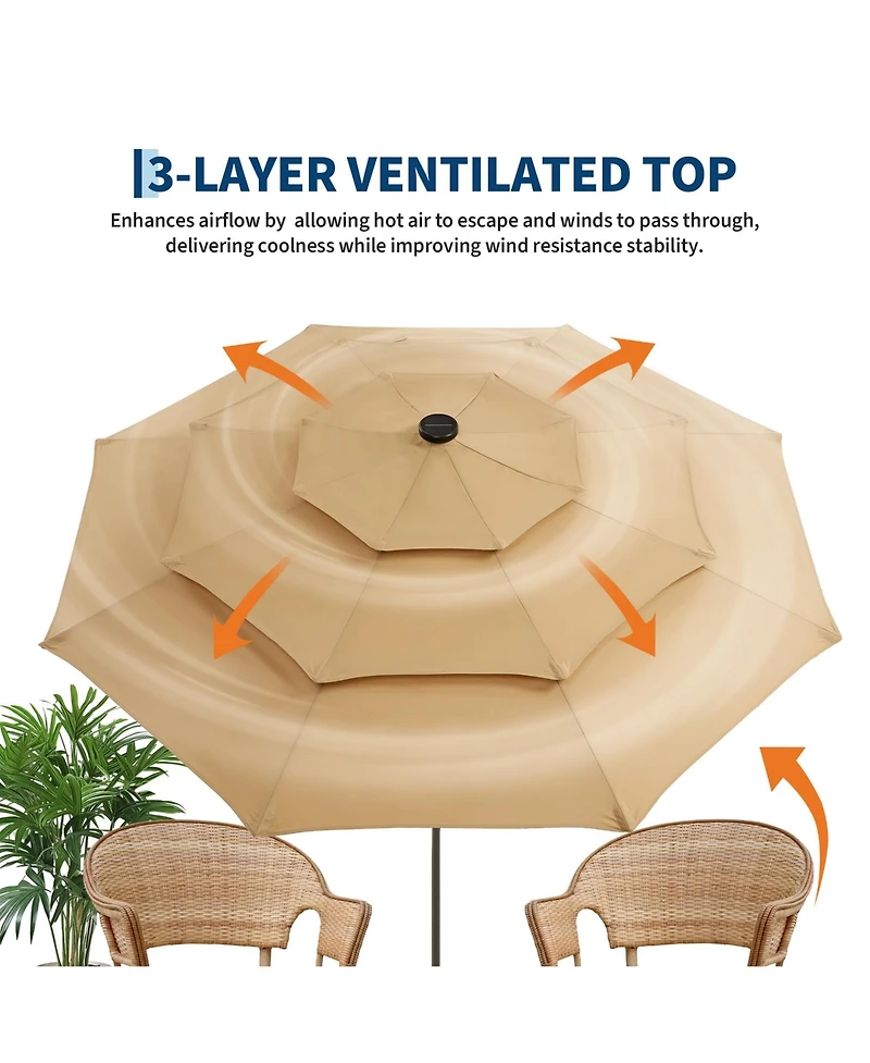 homfan Solar Led Outdoor Patio Umbrella, Ventilated Canopy, Tilt and Crank System, 8 Stable Ribs, for Pool, Deck Garden