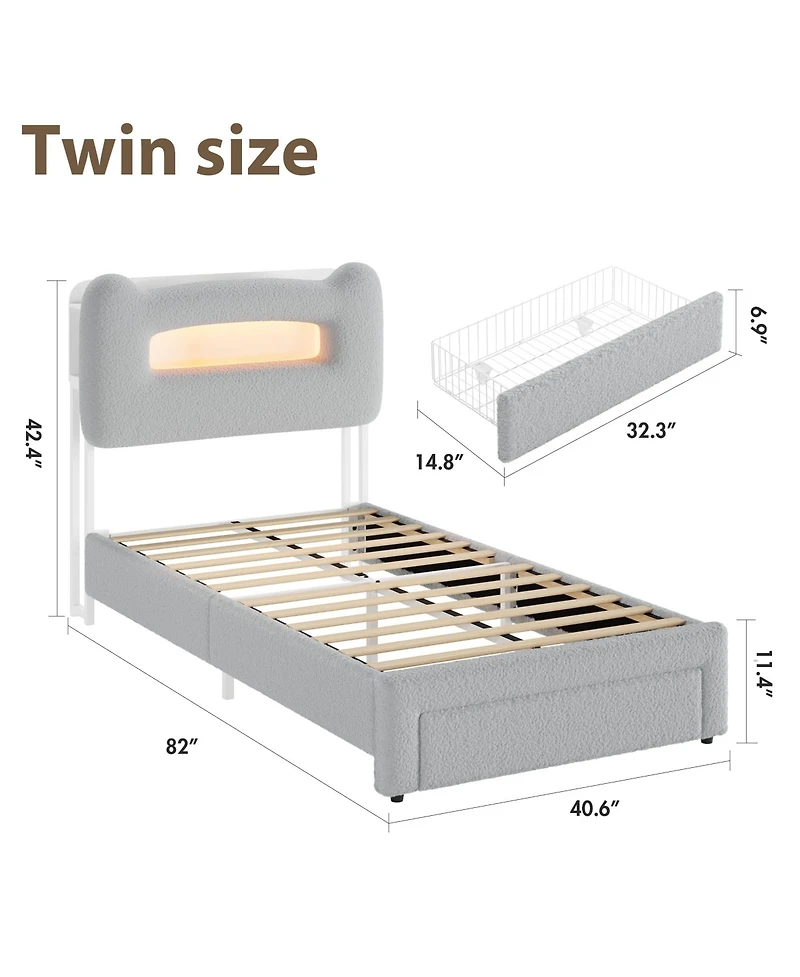 homfan Twin Led Headboard Upholstered Bed Frame with 2 Tier Storage Shelves, Charging Station and Drawer, Metal Support, No Box Spring Needed