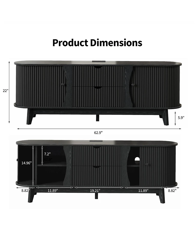 homfan 63" Tv Stand for TVs Up to 70", Console with 2 Drawers and 2 Cabinets, Built-in Power Outlet and Adjustable Shelf for Living Room