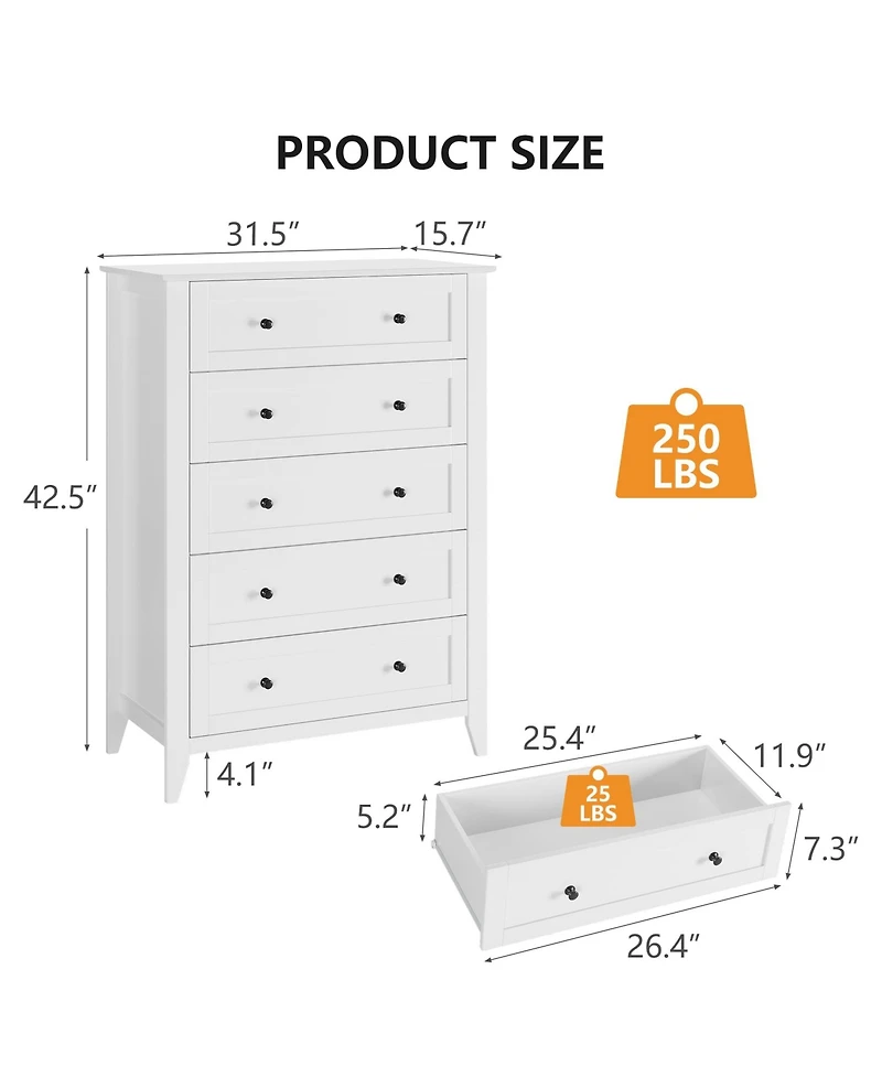 homfan 2 Set of 5 Drawer Dresser for Bedroom, Modern Chest of Drawers with Deep Storage, Wide Storage Organizer Unit for Closet, Living Room