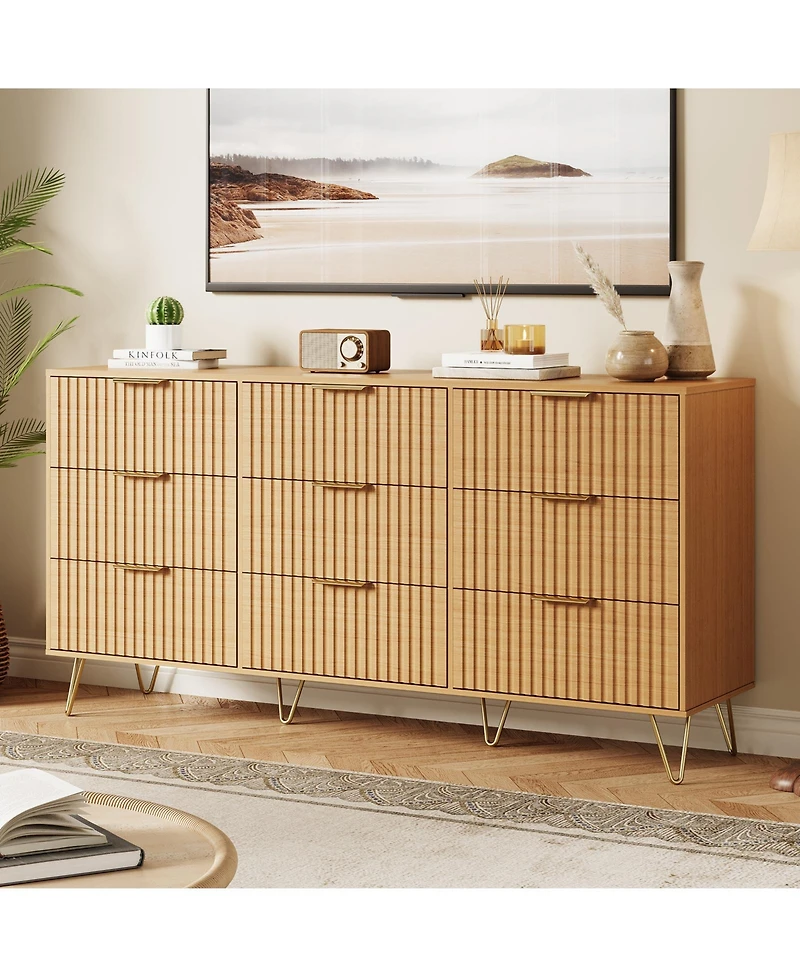 homfan Fluted 9-Drawer Bedroom Dresser, 63" Wide Modern Wooden Chest with Metal Handle,Clothes Storage Organizer, Tv Stand for Living Room, Hallway