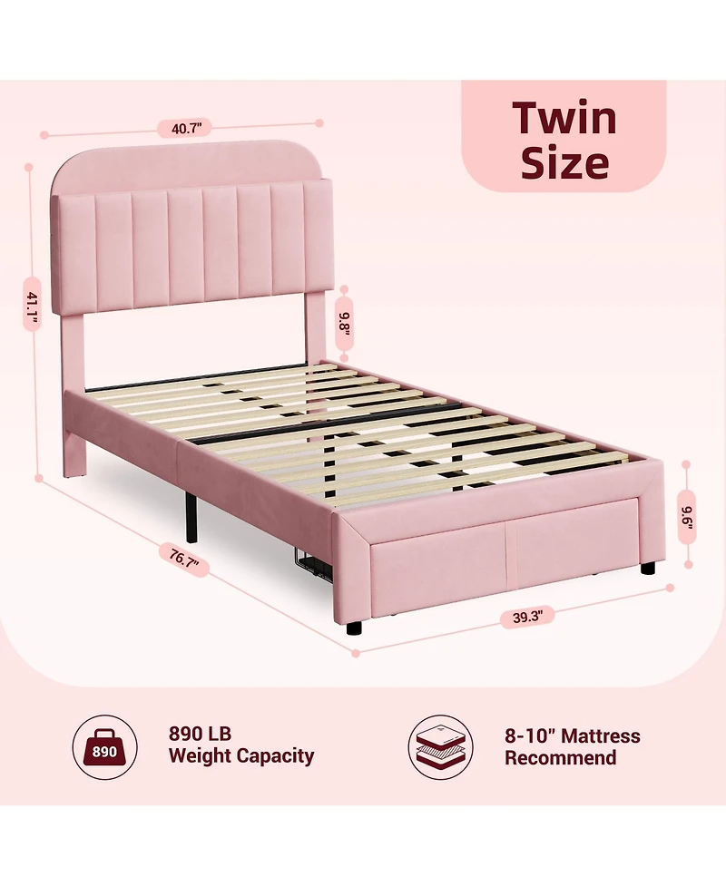 homfan 2 Piece Twin Velvet Upholstered Platform Bed Frame with Storage Bookcase Headboard and Large Drawer, No Box Spring Needed, Easy Assembly