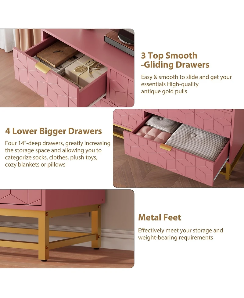 homfan Wide Dresser for Bedroom, Modern 7 Chest of Drawers Triple Dresser with Gold Accents, Long Storage Organizer for Tv Stand and Closet