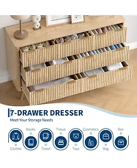 homfan Modern Fluted 7 Drawer Dresser, Wooden Chest with Golden Handles, Iron Base, Storage and Tv Stand for Bedroom, Living Room, Entryway