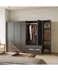 homfan Modern Wooden Wardrobe Closet with 3 Doors, 2 Drawers and Multiple Shelves, Spacious Bedroom Armoire for Clothing Storage, Freestanding Design