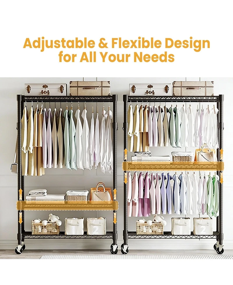 homfan Heavy Duty Armorie, 75 Inch Metal Storage Wardrobe with Double Hanging Rods, Adjustable Shelves and Wheels for Bedroom or Closet
