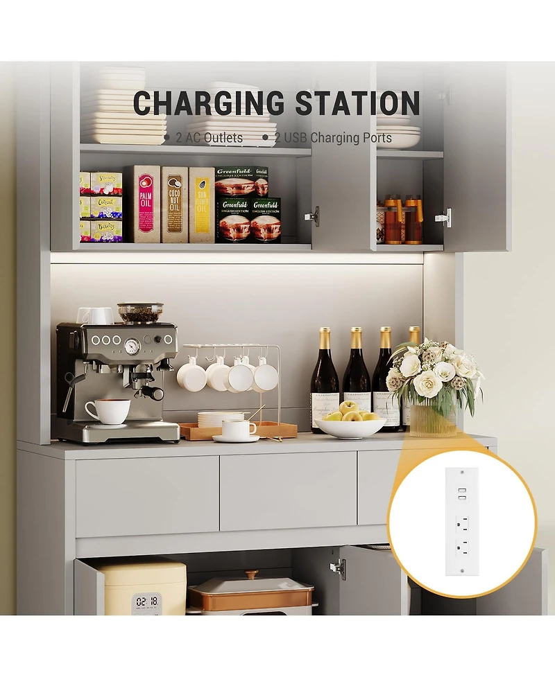 homfan Tall Kitchen Pantry Cabinet with Led Lights and Power Outlets – Adjustable Shelves, Handless Doors, Microwave Stand, Storage Hutch