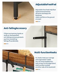 homfan 5-Tier 2-in-1 L-Shaped Bookshelf, Heavy-Duty Storage Rack with Guard Rails and Hooks, Anti-Tip Adjustable Feet Home Organizer