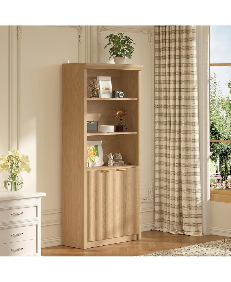 homfan 2 Set of Modern Tall Wooden Bookcase with 5 Adjustable Compartments and Doors, Freestanding Shelf with Ample Storage for Home Office