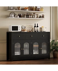 homfan Farmhouse Wooden Buffet Cabinet, Narrow Storage Coffee Bar with 3 Drawers and 4 Doors for Kitchen and Dining Room