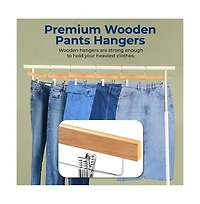 SereneLife 30 Pcs. Premium Wooden Pants Hangers - Heavy Duty Hanger Set with Chrome 360degree(s) Swivel Hook