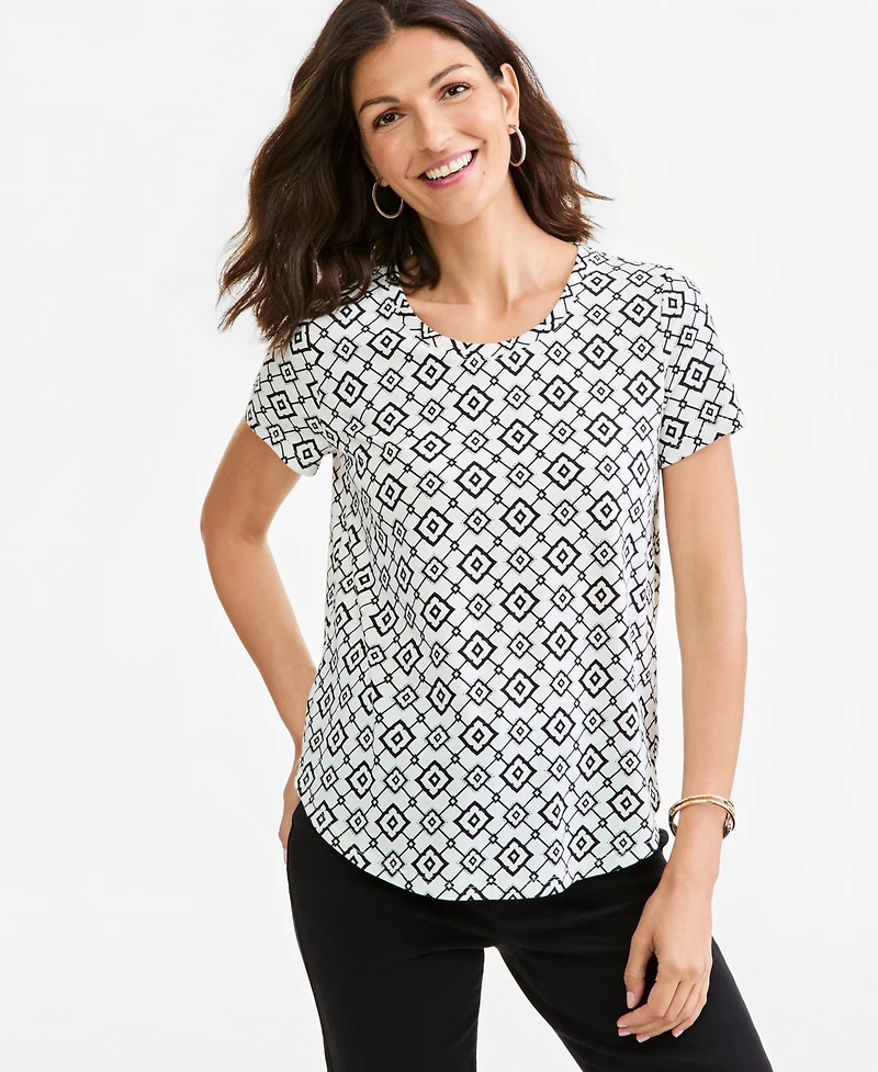 Style & Co Women's Perf Ss Laurel Tile Short-Sleeve Geometric Cotton-Blend T-Shirt, Macy's Exclusive