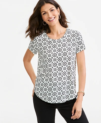 Style & Co Women's Perf Ss Laurel Tile Short-Sleeve Geometric Cotton-Blend T-Shirt, Macy's Exclusive