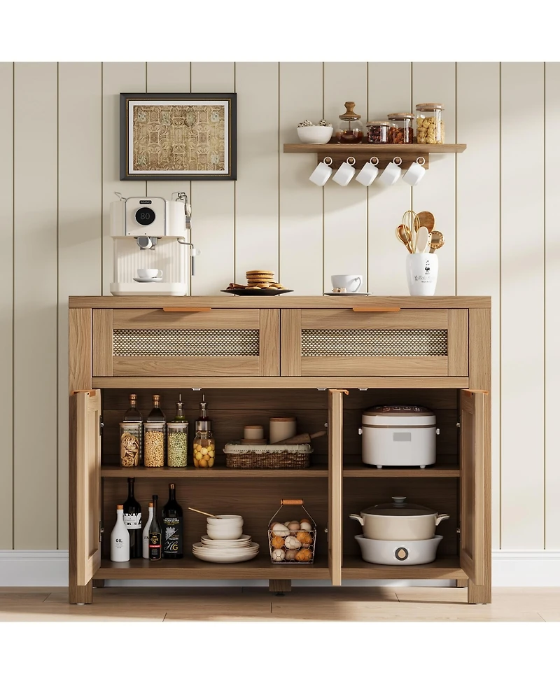 homfan Rattan Buffet Sideboard Cabinet, Coffee Bar Cabinet with 3 Drawers, Boho Kitchen Accent Storage for Dining Room, Living Entryway