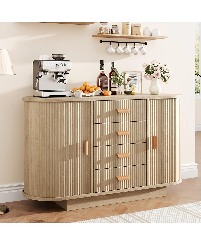 homfan Fluted Sideboard Cabinet with 4 Drawers and 2 Arched Sliding Doors, Multi-Functional Storage Console for Dining and Living Room