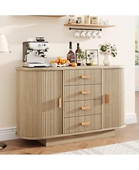 homfan Fluted Sideboard Cabinet with 4 Drawers and 2 Arched Sliding Doors, Multi-Functional Storage Console for Dining and Living Room