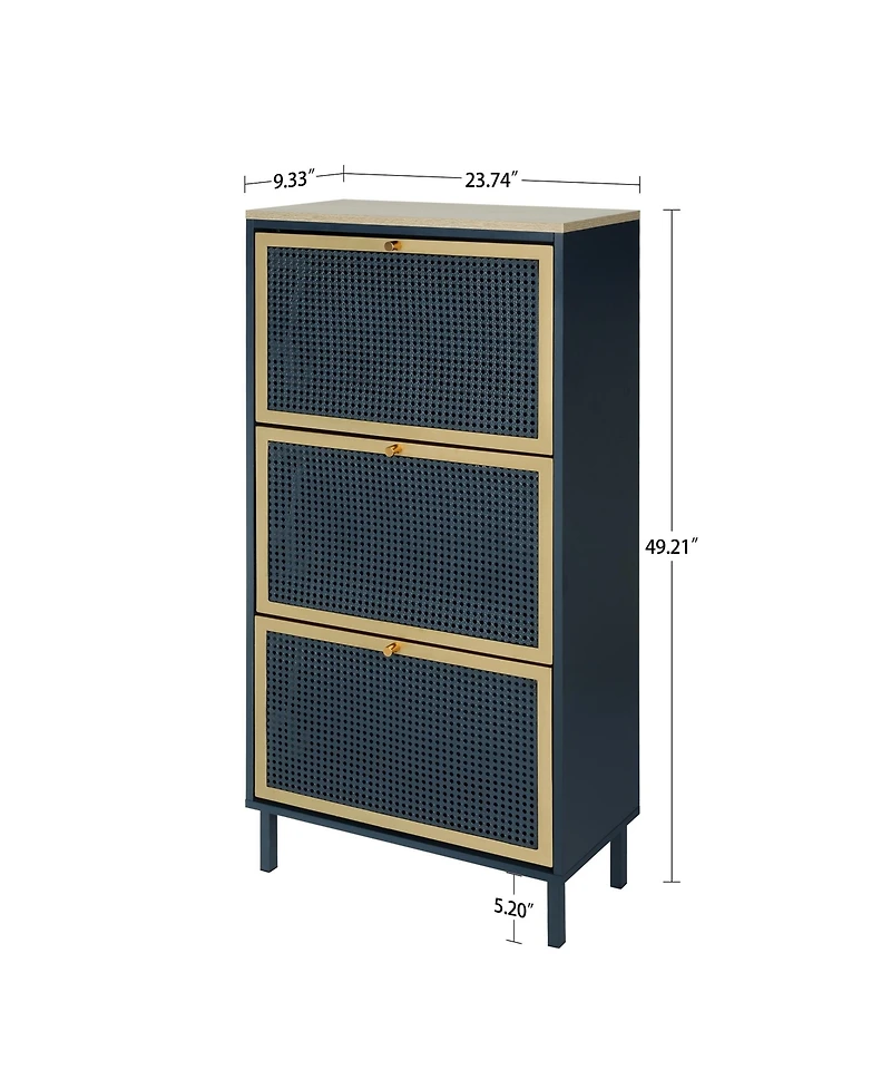 Rainsken Rattan Shoe Cabinet, Freestanding Shoe Rack with 3 Flip Drawers and Metal Legs, Shoe Storage Organizer for Entrance, Entryway and Hallway