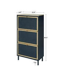 Rainsken Rattan Shoe Cabinet, Freestanding Shoe Rack with 3 Flip Drawers and Metal Legs, Shoe Storage Organizer for Entrance, Entryway and Hallway