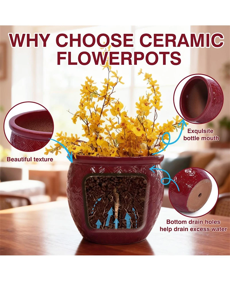 Yobtop Handmade Ceramic Flower Pot Set of 3 - 15/12/10 Inch, Floral Embossed, Indoor/Outdoor, Breathable Clay