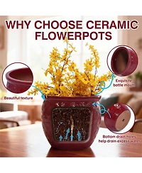 Yobtop Handmade Ceramic Flower Pot Set of 3 - 15/12/10 Inch, Floral Embossed, Indoor/Outdoor, Breathable Clay
