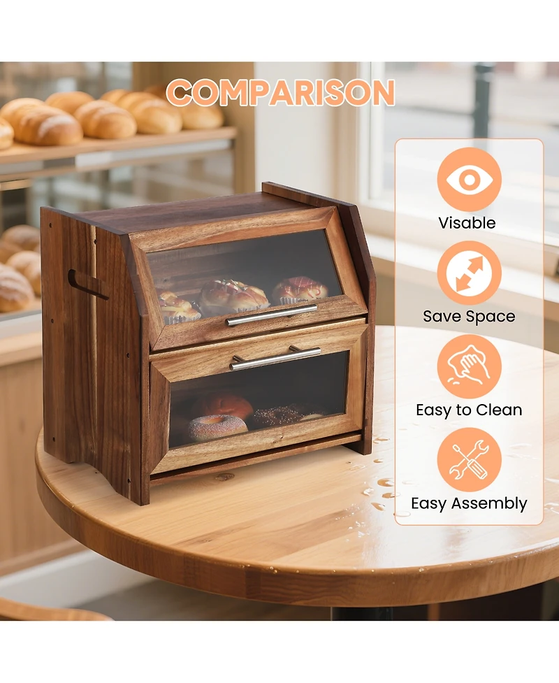 homfan Acacia Wood Bread Box with Sliding Lid, Kitchen Countertop Food Storage Container for Bread Pastry