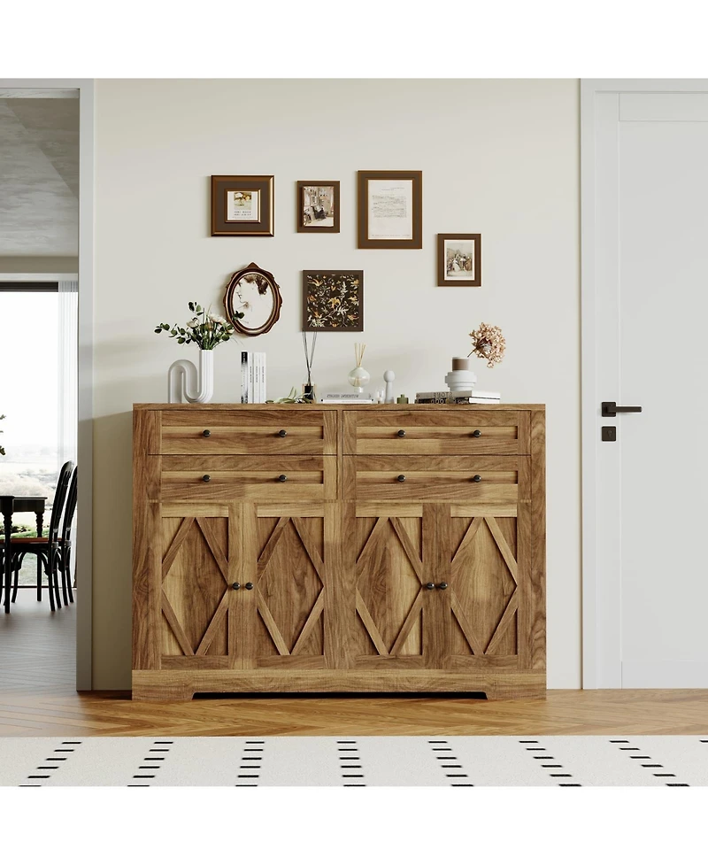 homfan Large Sideboard Buffet Cabinet, 4 Drawers and 4 Doors with Adjustable Shelf, Wood Coffee Bar for Living Room, Hallway, Dining Room