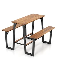 Sugift Patio Picnic Table Bench Set with Acacia Wood Tabletop and Benchtop