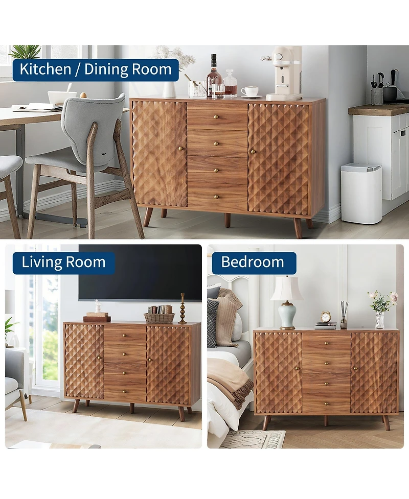 homfan Versatile Storage Sideboard Buffet Cabinet - Fluted Design, Sliding Door, Adjustable Shelf - Dining Room, Kitchen, Hallway Organizer