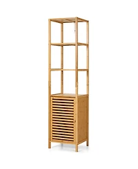 sumyeg 4-Tier Slim Bamboo Floor Storage Cabinet with Shutter Door and Anti-Tip Kit