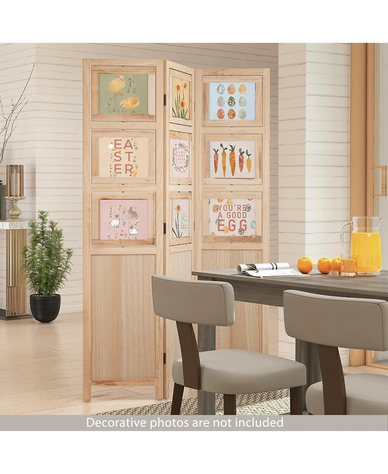 sumyeg 3-Panel Folding Privacy Screen with Swivel Paulownia Wood Photo Frames