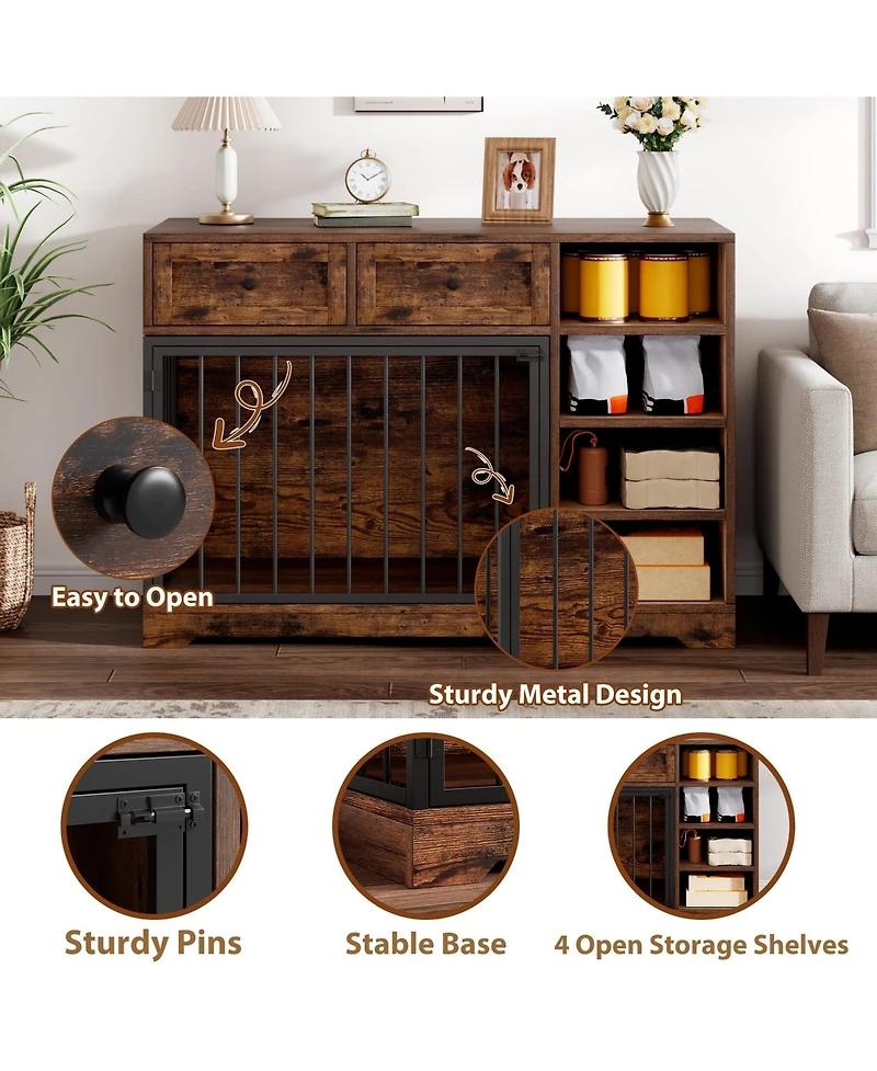 homfan Furniture-Style Dog Crate End Table or Tv Stand, Engineered Wood and Reinforced Iron Bar Pet Cage with Storage, Easy Assembly