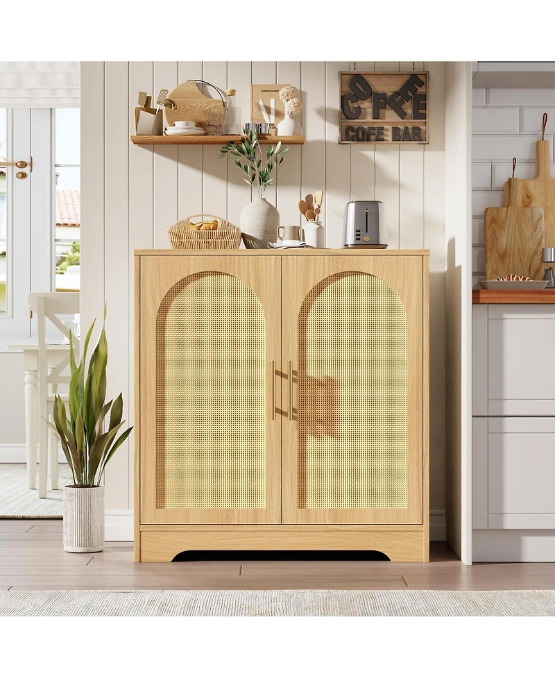 homfan Modern Rattan 4-Door Storage Console, Sideboard Buffet with Metal Handles, Inner Shelf and Anti-Tip Device for Home Spaces