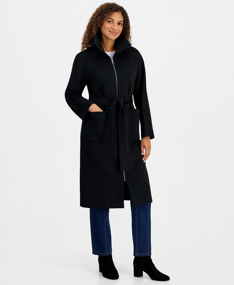 Calvin Klein Women's Belted Knit-Collar Textured Coat