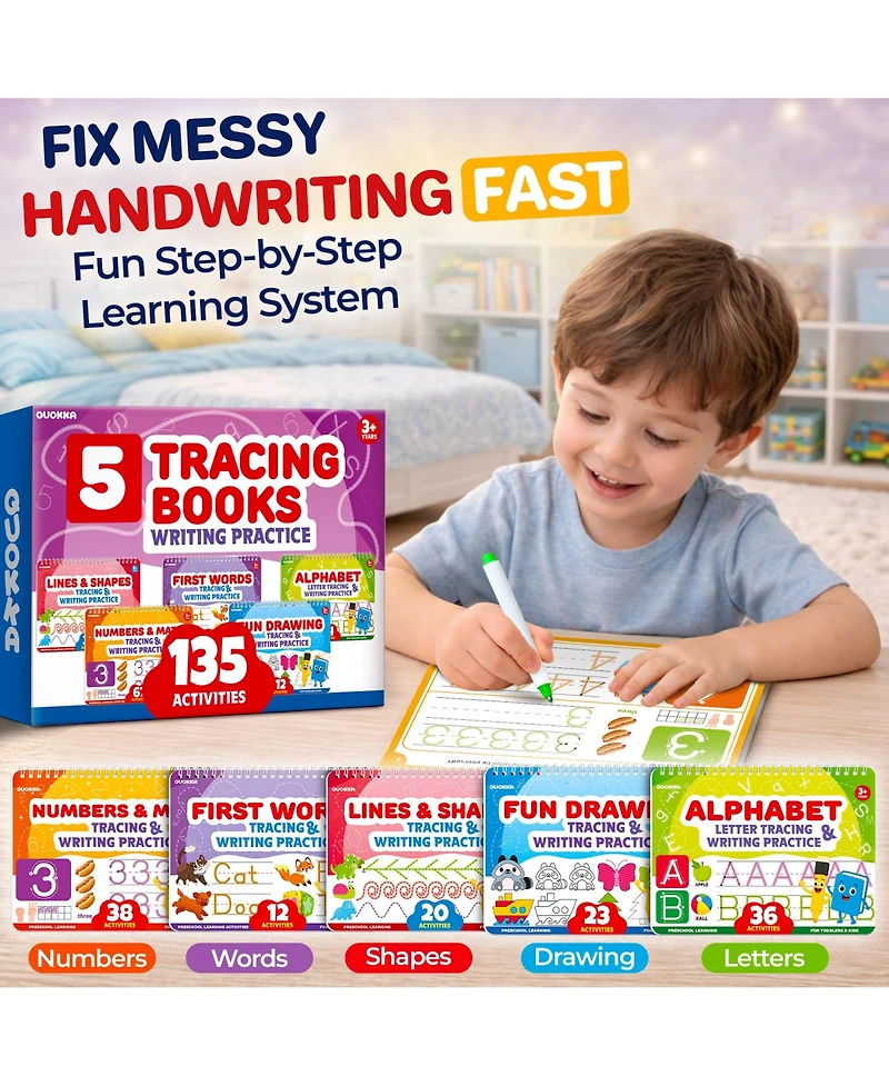 Quokka Tracing Books for Kids Ages 3-5 - Dry Erase Activity Books for Kids Ages 3-5 - Writing Practice Workbook with Markers