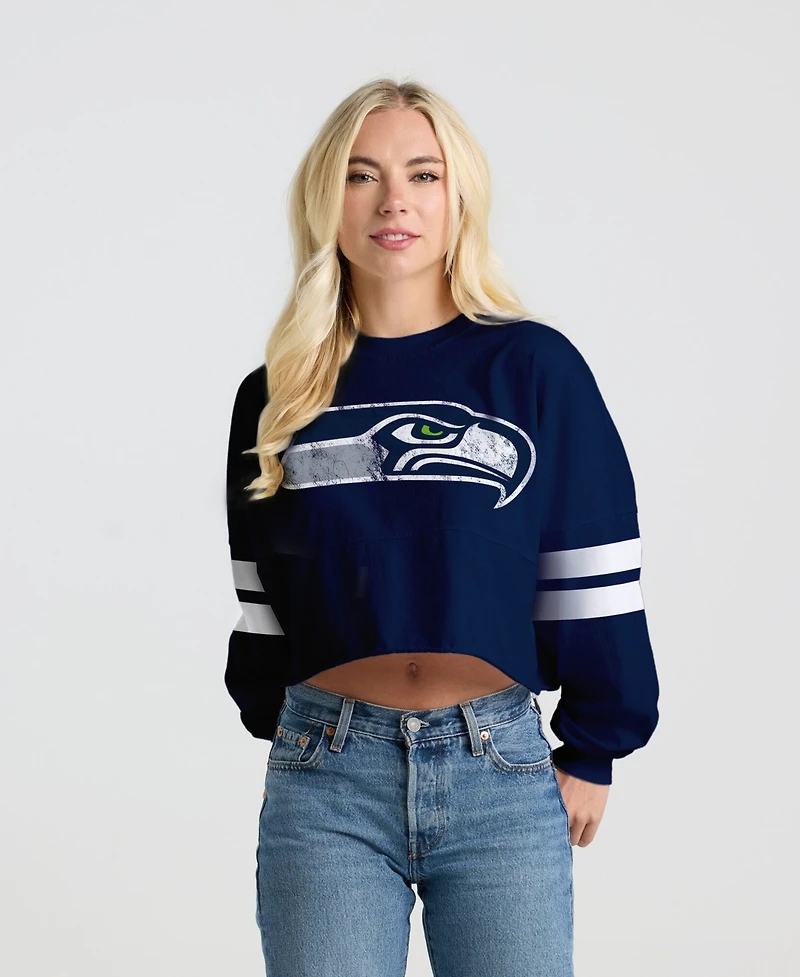 Spirit Jersey Women's College Navy Seattle Seahawks Oversized Cropped Stripe Long Sleeve T-Shirt