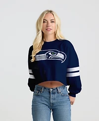 Spirit Jersey Women's College Navy Seattle Seahawks Oversized Cropped Stripe Long Sleeve T-Shirt