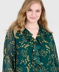 Kasper Plus Long-Sleeve Ruffle-Front V-Neck Blouse