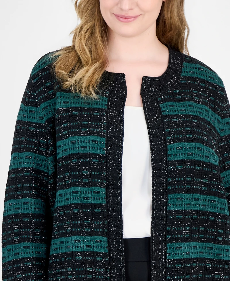 Kasper Plus Size Open-Front Textured-Stitch Cotton-Blend Cardigan