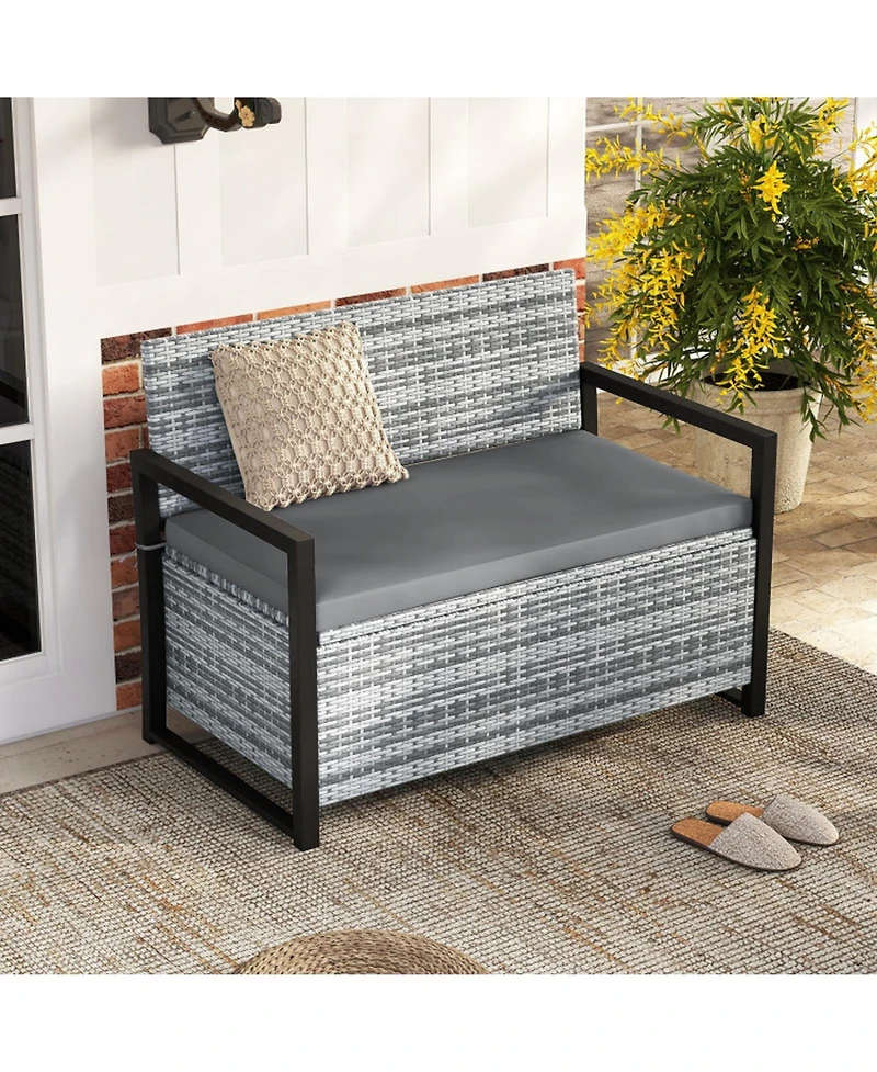 Gouun Outdoor Wicker Storage Bench Loveseat with Hidden Compartment